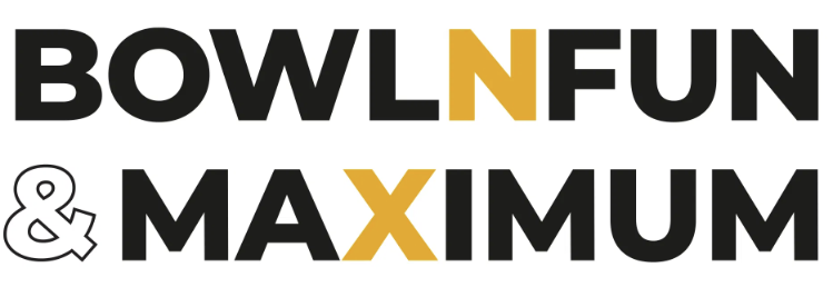 Logo for Bowl'n'Fun and Maximum, featuring bold black and yellow text with a playful style.